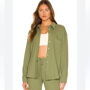 DONNI Thermal button down shirt moss green waffle size small NEW Anthropologie